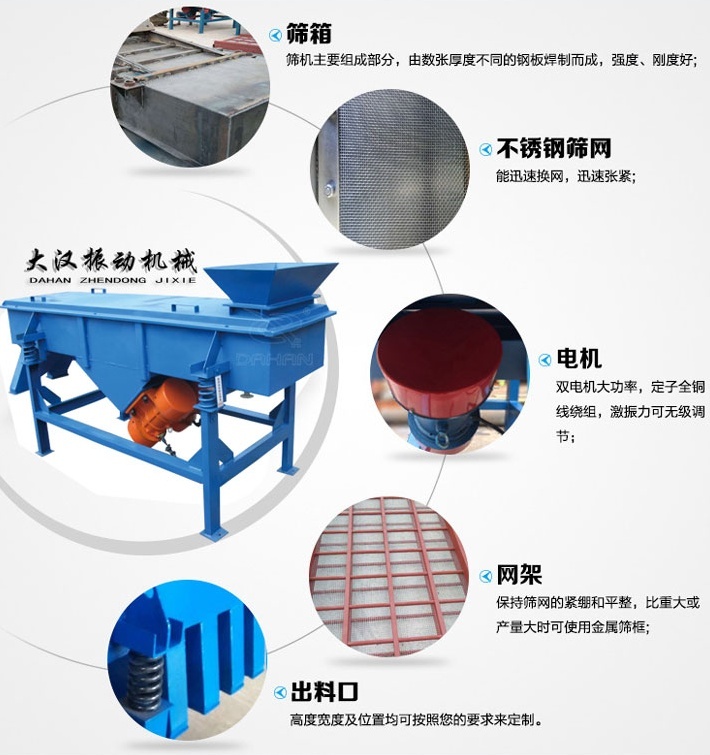 525型直線振動篩結(jié)構(gòu)細節(jié)：篩箱：篩機主要組成部分，由數(shù)張厚度不同的鋼板焊制而成，強度，剛度好。不銹鋼篩網(wǎng)：能速換網(wǎng)，迅速張緊。電機：雙電機大功率，定子全銅線繞組，激振力可無級調(diào)節(jié)。網(wǎng)架：保持篩網(wǎng)的緊繃和平整，比重大或產(chǎn)量大時可使用金屬篩框。出料口：高度寬度及位置均可按照您的要求定制。