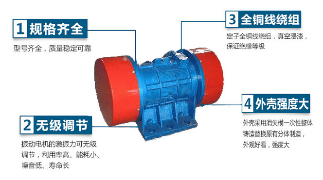 VB振動電機(jī)特點：1，規(guī)格齊全：型號齊全，質(zhì)量穩(wěn)定可靠。2，無極調(diào)節(jié)：振動電機(jī)的激振力可無極調(diào)節(jié)，利用率高，能耗小，噪音低，壽命長。4，外殼輕度大：外殼采用消失模一次性整體鑄造替換原有分體制造，外觀好看，強(qiáng)度大。