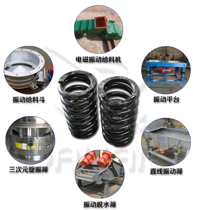 旋振篩減震彈簧適用產(chǎn)品：振動(dòng)給料機(jī)，電磁振動(dòng)給料機(jī)，振動(dòng)平臺(tái)，直線振動(dòng)篩，振動(dòng)脫水篩，三次元旋振篩。