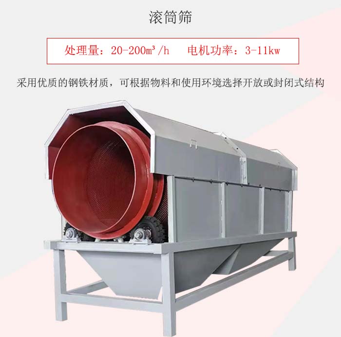 滾筒篩采用優(yōu)質(zhì)的鋼鐵材質(zhì)，可根據(jù)物料和使用環(huán)境選擇開(kāi)放或封閉式結(jié)構(gòu)