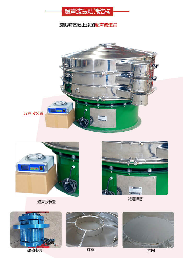 圓篩機(jī)內(nèi)部結(jié)構(gòu)：主要由振動電機(jī)、篩框、篩網(wǎng)、超聲波系統(tǒng)、減震彈簧等展示圖