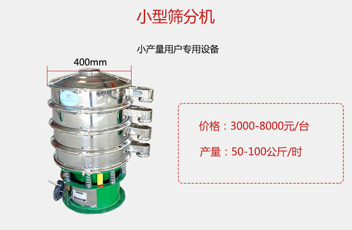 小型篩分機產(chǎn)量可達(dá)100公斤/時，價格3000元起。