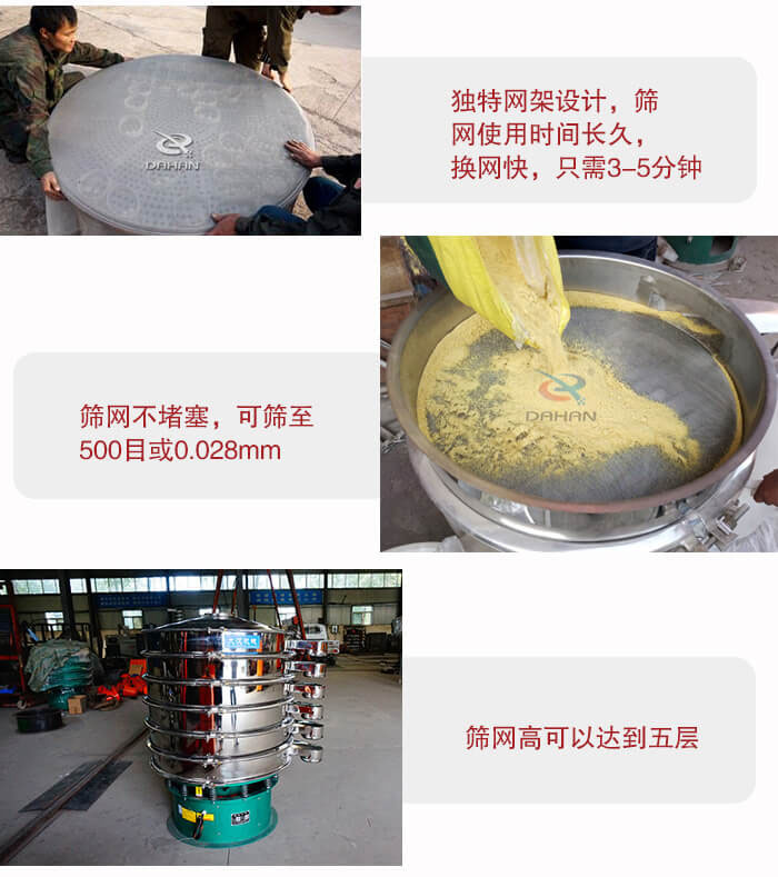 三次元振動(dòng)篩的特點(diǎn)：篩網(wǎng)使用時(shí)間長(zhǎng)換讓時(shí)間短，篩網(wǎng)不堵塞，可篩至500目或0.028mm。
