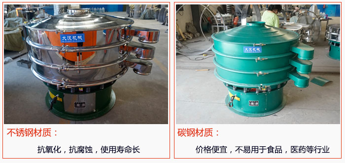 800型振動篩有不銹鋼和碳鋼兩種材質(zhì)，不銹鋼材質(zhì)：抗氧化，抗腐蝕，使用壽命長 碳鋼材質(zhì)：價格便宜，不易篩分食品，化工，醫(yī)藥等行業(yè)的物料。
