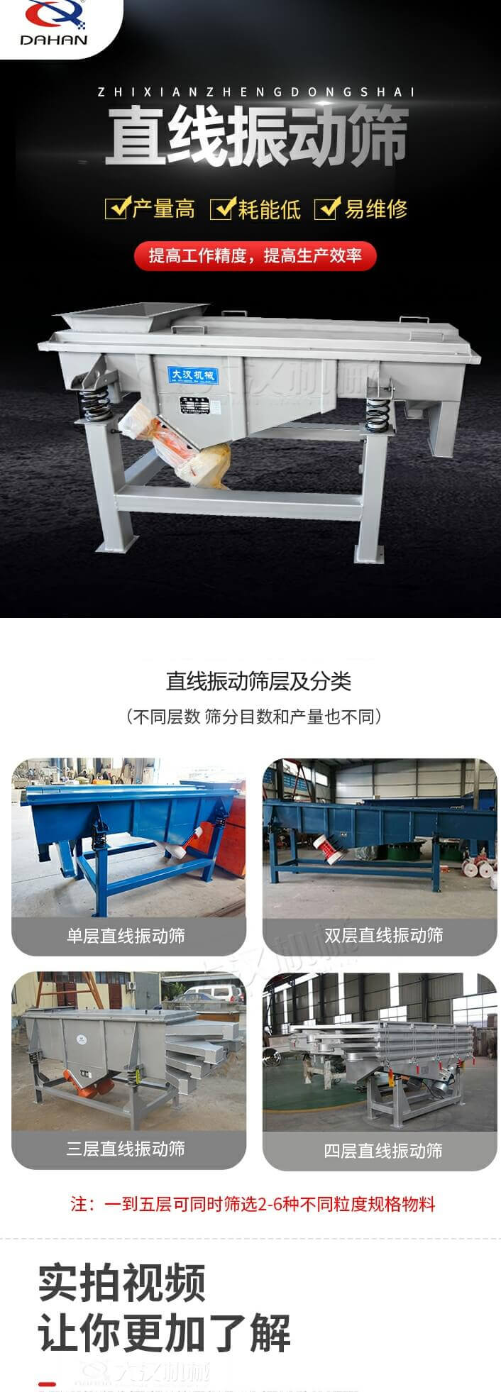 直線振動篩概述，產(chǎn)量高，耗能低，易維修，提高工作精度，提高生產(chǎn)效率，直線振動篩層級分類：不同層數(shù)，篩分目數(shù)和產(chǎn)量也不同：單層，雙層，三層，四層等。