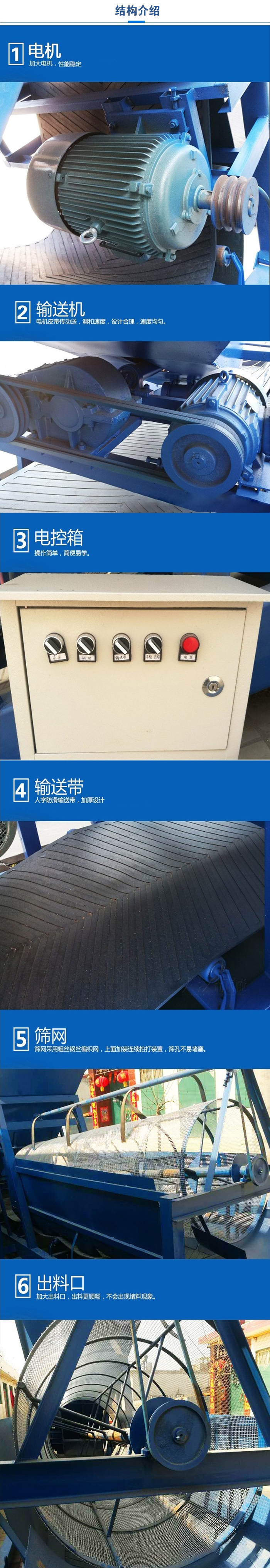 移動(dòng)篩沙機(jī)結(jié)構(gòu):電機(jī)，加大電機(jī)，性能相對比較穩(wěn)定。輸送機(jī)：電機(jī)皮帶傳動(dòng)送，調(diào)和速度，設(shè)計(jì)合理，速度均勻。電控箱：操作簡單，簡便易學(xué)。輸送帶：人字防滑輸送帶，加厚設(shè)計(jì)。篩網(wǎng)，采用粗絲鋼絲編織而成的篩網(wǎng)，上面加裝連續(xù)拍打裝置，篩孔不易堵塞。出料口：加大出料口，出料更順暢，不會(huì)出現(xiàn)堵料現(xiàn)象。