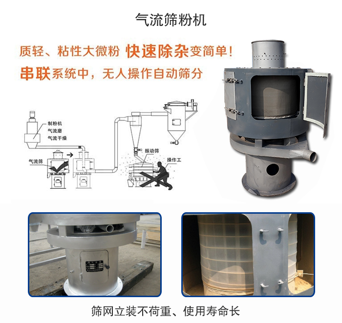 氣流篩粉機(jī)適用：質(zhì)輕，粘性大微粉采用串聯(lián)系統(tǒng)重，無(wú)人操作自動(dòng)篩分 特點(diǎn)：篩網(wǎng)立裝不負(fù)重，使用壽命長(zhǎng)。