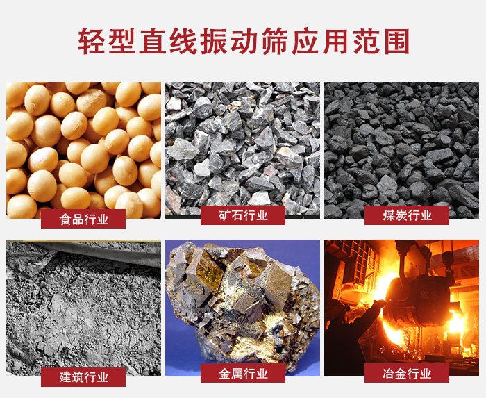 輕型直線振動篩應用范圍較廣多使用與顆粒狀，粉狀以及其它重型行業(yè)的輸送。