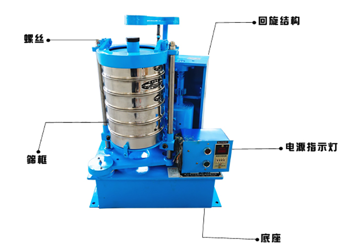 拍擊式標準振篩機的作用原理：主要振動部件；回旋結(jié)構(gòu)，篩框底座，電源指示燈。