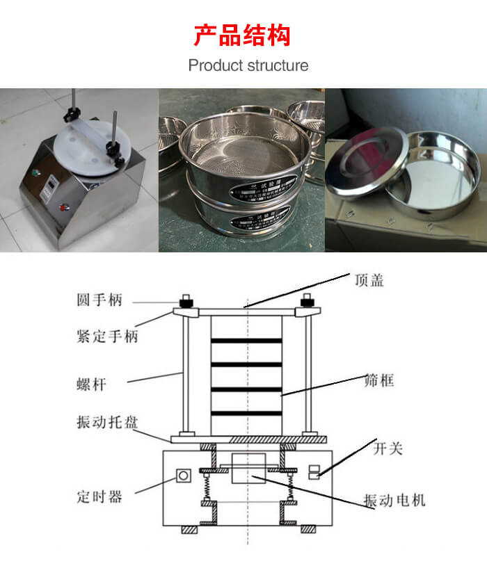 實驗室振動篩-試驗篩結構主要由：圓手柄，緊定手柄，螺桿，振動托盤，篩框，頂蓋等。