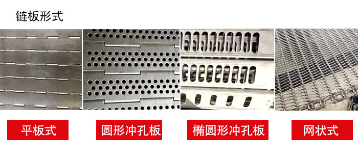 鏈板輸送機鏈板的不同形式：平板式，圓形沖孔板，網(wǎng)狀式等
