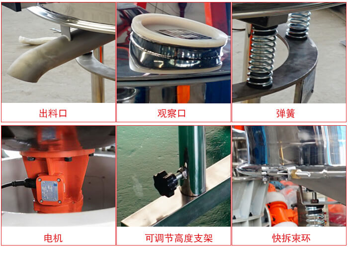 高頻篩細(xì)節(jié)展示：出料口，觀察口，彈簧，電機(jī)，可調(diào)節(jié)高度支架，快拆束環(huán)。
